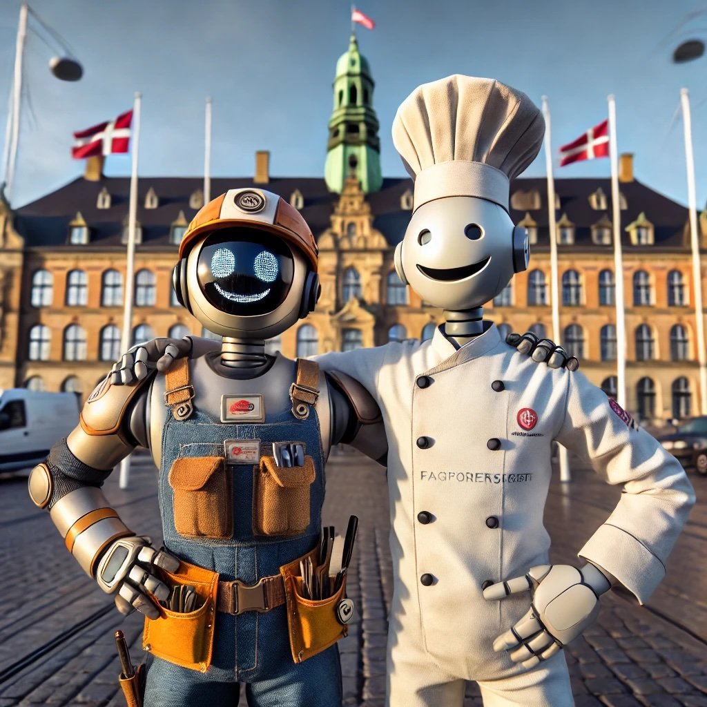 dkrobotter6 2 robotter står foran en bygning